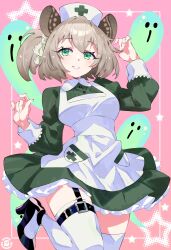 1girl absurdres animal_ears apron atomicmrshmallw black_footwear breasts dress garter_straps green_dress green_eyes hat high_heels highres indie_virtual_youtuber long_sleeves medium_hair nimi_nightmare nurse_cap one_side_up smile solo tapir_ears tapir_girl virtual_youtuber white_hat