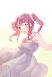 Rule 34 | 1girl, :d, artist name, blush, bow, breasts, cowboy shot, dress, dress bow, hanako151, idolmaster, idolmaster cinderella girls, long hair, looking at viewer, ogata chieri, open mouth, scrunchie, sidelocks, simple background, sleeveless, sleeveless dress, smile, solo, twintails, white dress