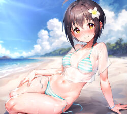 Rule 34 | 1girl, ahoge, arm support, beach, bikini, black hair, blue bikini, blue sky, blush, bracelet, breasts, brown eyes, cleavage, closed mouth, cloud, collarbone, commentary request, commission, cropped shirt, day, flower, hair between eyes, hair flower, hair ornament, highres, horizon, idolmaster, idolmaster cinderella girls, jewelry, kohinata miho, looking at viewer, medium breasts, navel, ocean, outdoors, pixiv commission, qianlou (qianlou12374), sand, see-through, see-through shirt, shirt, short hair, side-tie bikini bottom, sitting, sky, smile, solo, striped bikini, striped clothes, swimsuit, untied bikini, untied bikini bottom, water, wet, wet clothes, white shirt, yokozuwari