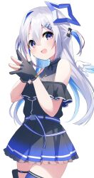 Rule 34 | 1girl, :d, amane kanata, amane kanata (work), bare shoulders, black gloves, black shirt, black skirt, blue eyes, blue hair, blue skirt, blue thighhighs, blush, cowboy shot, flat chest, floating hair ornament, fragir, gloves, gradient skirt, hair between eyes, hair intakes, highres, hololive, jewelry, legs together, long hair, looking at viewer, mini wings, multicolored hair, off-shoulder shirt, off shoulder, official alternate costume, one side up, open mouth, own hands together, partially fingerless gloves, pendant, petticoat, pink eyes, pleated skirt, shirt, sidelocks, simple background, skirt, smile, solo, steepled fingers, thighhighs, two-tone eyes, two-tone hair, virtual youtuber, white background, white hair, wings, zettai ryouiki