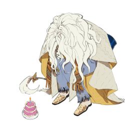 1boy blue_pants cake candle claws commentary d_catio dislyte english_commentary food frilled_pants frills furry furry_male highres javid_(shamash)_(dislyte) lion_boy lion_mane lion_tail male_focus on_chair pants sitting tail white_background white_footwear