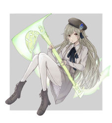Rule 34 | 1boy, :o, akitama2727, axe, beret, black hat, boots, border, brown footwear, crossdressing, full body, glowing, glowing weapon, green eyes, green hair, grey background, grey skirt, hair between eyes, hat, highres, holding, holding axe, leggings, long hair, long sleeves, looking at viewer, open mouth, pinocchio (sinoalice), reality arc (sinoalice), simple background, sinoalice, skirt, solo, trap, weapon, white background, white leggings