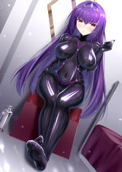Rule 34 | 1girl, bodysuit, breasts, covered navel, fate/grand order, fate (series), feet, foot focus, hair between eyes, hair intakes, headpiece, highres, iro ame (amewaagada), large breasts, latex, latex bodysuit, light particles, looking at viewer, no shoes, purple hair, red eyes, scathach (fate), scathach skadi (fate), soles, solo, sparkle, tiara