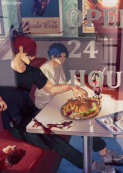 Rule 34 | 2boys, bad id, bad twitter id, black shirt, blood, blood on shoes, blood on fork, bloody knife, blue eyes, blue hair, booth seating, cherry, contemporary, dd (vktr4837), diner, fate (series), food, fork, french fries, fruit, burger, ice cream, knife, koha-ace, looking at another, major matou, male focus, menu, mori nagayoshi (fate), multiple boys, red hair, sharp teeth, shirt, shoes, sneakers, spiked hair, sundae, table, teeth, wavy hair, white shirt, window