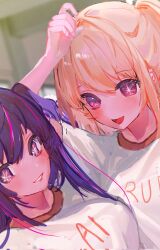 Rule 34 | 2girls, :d, blonde hair, blush, breasts, commentary, corrupted twitter file, dutch angle, english commentary, hair between eyes, highres, hoshino ai (oshi no ko), hoshino ruby, kyoukaraa, long hair, looking at viewer, medium breasts, mismatched pupils, mother and daughter, multicolored hair, multiple girls, no pupils, one side up, open mouth, oshi no ko, pink hair, purple eyes, purple hair, shirt, sidelocks, smile, star-shaped pupils, star (symbol), streaked hair, symbol-shaped pupils, unfinished, upper body, white shirt