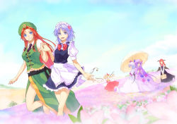 Rule 34 | 6+girls, :/, apron, bat wings, blonde hair, blue eyes, braid, china dress, chinese clothes, dress, embodiment of scarlet devil, female focus, field, flandre scarlet, flower, flower field, hair flower, hair ornament, hakui ami, happy, hat, head wings, holding hands, hong meiling, izayoi sakuya, koakuma, light purple hair, long hair, maid, maid apron, maid headdress, meadow, multiple girls, nature, outdoors, outstretched arms, parasol, patchouli knowledge, pocket watch, purple eyes, purple hair, red hair, remilia scarlet, short hair, skirt, sky, smile, spread arms, touhou, twin braids, umbrella, v arms, very long hair, walking, watch, wings, yuri