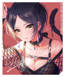 Rule 34 | 1girl, animal ears, black hair, breasts, cat ears, cat tail, character name, cleavage, collar, dated, earrings, fishnet top, fishnets, happy birthday, hayami kanade, highres, idolmaster, idolmaster cinderella girls, jewelry, looking at viewer, mairo, red background, short hair, simple background, solo, tail, yellow eyes