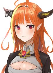 Rule 34 | 1girl, ahoge, artist name, black hairband, black jacket, blonde hair, blunt bangs, blush, bow, braid, breasts, brooch, chan1moon, cleavage, cleavage cutout, closed mouth, clothing cutout, collared shirt, dragon girl, dragon horns, gem, hairband, highres, hololive, horn bow, horn ornament, horns, jacket, jewelry, kiryu coco, kiryu coco (1st costume), long hair, looking at viewer, medium breasts, multicolored eyes, multicolored hair, orange hair, pointy ears, purple eyes, red eyes, shirt, side braid, sidelocks, simple background, single braid, smile, solo, streaked hair, striped bow, upper body, vertical-striped bow, virtual youtuber, white background, white shirt