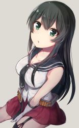 Rule 34 | 10s, 1girl, agano (kancolle), bare shoulders, black hair, blouse, breasts, cleavage, from above, green eyes, highres, kantai collection, large breasts, long hair, looking at viewer, miniskirt, parted lips, shirt, simple background, single thighhigh, sitting, skirt, sleeveless, sleeveless shirt, solo, thighhighs, zhi zhi/zu zu