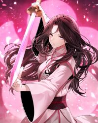 Rule 34 | 1girl, arm up, black hair, falling petals, fighting stance, flower, highres, holding, holding sword, holding weapon, index fingers raised, long hair, looking at viewer, parted lips, petals, plum blossoms, return of the mount hua sect, sash, shine s247, solo, sword, teeth, undershirt, uniform, upper body, weapon, yu iseol (return of the mount hua sect)