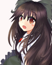 Rule 34 | 1girl, bad id, bad pixiv id, black hair, blush, bow, breasts, brown hair, fang, female focus, hair bow, highres, long hair, looking at viewer, masa masa, open mouth, red eyes, reiuji utsuho, simple background, skirt, smile, solo, third eye, touhou