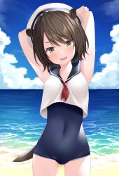 Rule 34 | 1girl, animal ears, armpits, arms behind head, arms up, bare shoulders, beach, blue one-piece swimsuit, breasts, brown hair, caustics, cloud, commentary request, covered navel, cowboy shot, crop top, crop top overhang, day, hat, head tilt, highres, horizon, komomo (ptkrx), looking at viewer, neckerchief, ocean, one-piece swimsuit, open mouth, original, otter ears, otter tail, outdoors, sailor collar, sailor hat, sailor shirt, school swimsuit, shirt, short hair, sky, sleeveless, sleeveless shirt, small breasts, smile, solo, standing, swimsuit, tail, water, white hat, white shirt, yellow eyes