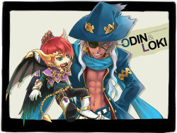 Rule 34 | bare pectorals, dark skin, demon, eyepatch, green eyes, gungho online entertainment, horns, loki (p&amp;d), muscular, odin (p&amp;d), open clothes, open shirt, pectorals, puzzle &amp; dragons, red hair, scarf, shirt, white hair, wings