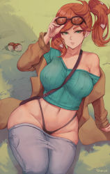 Rule 34 | 1girl, bare shoulders, breasts, brown hair, clothes pull, covered erect nipples, creatures (company), denim, eyewear on head, game freak, grass, green eyes, highres, jeans, large breasts, looking at viewer, navel, nintendo, pants, pants pull, parted lips, poke ball, poke ball (basic), pokemon, pokemon swsh, shexyo, side ponytail, smile, solo, sonia (pokemon), sunglasses, sunglasses on head, thighs, wide hips