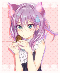 Rule 34 | 1girl, animal ears, artist name, blue eyes, blush, border, cookie, dress, food, gbsartworks, glasses, highres, hiiragi tsukasa, holding, lace, lace border, long hair, looking at viewer, lucky star, ornate border, pink background, purple hair, purple theme, simple background, sleeveless, solo, standing, sweatdrop, upper body