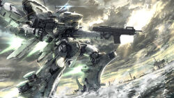 Rule 34 | absurdres, armor, armored core, armored core: for answer, assault visor, battle, blue eyes, cloud, cloudy sky, dual wielding, glowing, glowing eyes, gun, highres, holding, holding gun, holding weapon, horns, looking up, mecha, mecha focus, no humans, rifle, robot, science fiction, single horn, skating, sky, solo, takuan (a mood home), thrusters, water, weapon, white armor, white glint