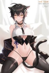Rule 34 | 1girl, animal ears, black hair, black thighhighs, breasts, cat ears, cat tail, cleavage, cleavage cutout, clothing cutout, collar, corset, crop top, highres, jaeyun, large breasts, leaning back, navel, original, short hair, sitting, solo, spread legs, tail, thighhighs, thong, yellow eyes