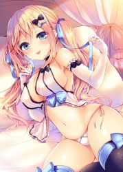 Rule 34 | 1girl, :p, ayuma sayu, babydoll, bed, black thighhighs, blonde hair, blue eyes, blush, bow, breasts, canopy bed, cleavage, covered erect nipples, elbow gloves, female focus, gloves, hair bow, heart, heart-shaped pupils, jun&#039;ai maniac ~pure love maniac~, large breasts, long hair, looking at viewer, lying, navel, on side, original, panties, side-tie panties, smile, solo, symbol-shaped pupils, thighhighs, tongue, tongue out, twintails, underwear, underwear only, white gloves