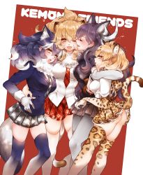 Rule 34 | 10s, 4girls, ;d, animal ears, antlers, ass, black hair, blonde hair, blue eyes, closed eyes, commentary, copyright name, elbow gloves, extra ears, fangs, fur collar, girl sandwich, gloves, gradient legwear, grey wolf (kemono friends), hair between eyes, hand around neck, hand on own hip, heterochromia, horns, hug, jaguar (kemono friends), jaguar ears, jaguar print, jaguar tail, kemono friends, lion (kemono friends), lion ears, lion tail, long hair, mamaloni, moose (kemono friends), moose ears, moose tail, multicolored clothes, multicolored hair, multicolored legwear, multiple girls, necktie, one eye closed, open mouth, pantyhose, plaid, plaid skirt, pleated skirt, print gloves, print legwear, red background, sandwiched, short hair, simple background, skirt, smile, tail, thighhighs, white hair, wolf ears, wolf tail, yellow eyes, zettai ryouiki