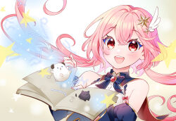 Rule 34 | 1girl, absurdres, blush, book, bow, bowtie, brooch, cat, collared shirt, constellation, detached sleeves, floating hair, hair ornament, highres, holding, holding book, holding wand, jewelry, long hair, long sleeves, looking at viewer, low twintails, masumofu, nail polish, open mouth, original, pink hair, red eyes, sheep, shirt, sleeveless, sleeveless shirt, smile, solo, star (symbol), star hair ornament, twintails, upper body, very long hair, wand, wing hair ornament