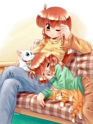 Rule 34 | 2girls, cat, lap pillow, original, siblings, sisters, sleeping, sleepy, zan, multiple girls