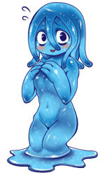 Rule 34 | 1girl, blue hair, blue skin, blush, breasts, colored skin, completely nude, flying sweatdrops, legs together, looking at viewer, lowres, medium hair, monster girl, navel, nervous smile, no (artist), nude, on ground, open mouth, original, own hands together, slime girl, small breasts, smile, solo, standing, tentacle hair, wading, white background