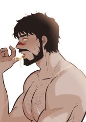 Rule 34 | 1boy, bara, beard, black hair, chest hair, dragon age, dragon age 2, facial hair, facial mark, from side, full beard, garrett hawke, highres, large pectorals, licking, licking finger, male focus, muscular, muscular male, open mouth, pectorals, pickleforstony, profile, short hair, simple background, solo, tongue, tongue out, upper body, white background