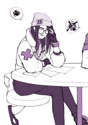 Rule 34 | 1girl, animification, beanie, closed eyes, crossed legs, ear piercing, glasses, hair behind ear, hat, highres, killjoy (valorant), monochrome, out of frame, paper, piercing, round eyewear, senpi, sitting, solo focus, speech bubble, spoken squiggle, squiggle, table, valorant