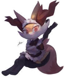 Rule 34 | 1girl, animal ear fluff, animal ears, black fur, blush, bow, bowtie, braixen, brown bow, brown bowtie, closed mouth, commentary, creatures (company), crossed arms, dress, english commentary, fox ears, fox tail, frilled dress, frills, full body, game freak, gen 6 pokemon, highres, ikei, invisible chair, crossed legs, light frown, looking at viewer, maid, maid headdress, multicolored fur, nintendo, orange eyes, pokemon, pokemon (creature), red fur, red nose, signature, simple background, sitting, solo, stick, tail, tsurime, white background, white fur, yellow fur