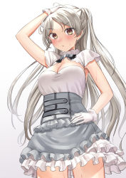 Rule 34 | 1girl, armpit cutout, blush, breasts, brown eyes, cleavage, cleavage cutout, clothing cutout, conte di cavour (kancolle), conte di cavour nuovo (kancolle), corset, dress, frilled dress, frills, gloves, grey dress, hand on own hip, kantai collection, layered dress, long hair, looking at viewer, mayura (lucadia), medium breasts, sidelocks, simple background, solo, sweat, two-tone dress, two side up, white background, white dress, white gloves