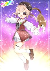 Rule 34 | 1girl, alternate costume, amai hiyo, amai hiyo channel, arms at sides, beret, brown eyes, card (medium), card parody, cat, hat, highres, leg up, looking at viewer, one eye closed, open mouth, short hair, solo, virtual youtuber