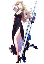 Rule 34 | 1girl, black dress, blonde hair, breasts, cleavage, dress, gun, high heels, jacket, large breasts, medium breasts, nail polish, official art, opera vectra, pako (pakosun), red eyes, red nails, rifle, science fiction, simple background, sniper rifle, solo, star ocean, star ocean anamnesis, transparent background, weapon