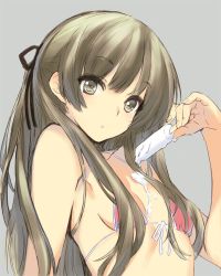 Rule 34 | 1girl, bad id, bad twitter id, bikini, breasts, brown eyes, brown hair, character request, food, front-tie top, hair ribbon, jpeg artifacts, kawata hisashi, long hair, looking at viewer, popsicle, red bikini, ribbon, simple background, sketch, small breasts, solo, swimsuit, upper body