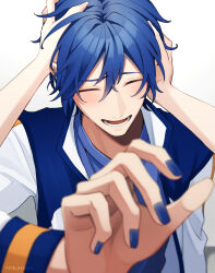 Rule 34 | 1boy, 1other, artist name, blue hair, blue nails, blue shirt, blush, closed eyes, highres, jacket, kaito (vocaloid), long sleeves, lower teeth only, male focus, nokuhashi, open clothes, open jacket, open mouth, ruffling hair, shirt, short hair, smile, teeth, vocaloid, white background