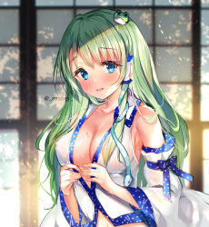 Rule 34 | 1girl, arm ribbon, artist name, ayane yui, bare shoulders, blue eyes, blue ribbon, blurry, blurry background, blush, breasts, collarbone, commentary request, covered erect nipples, frog hair ornament, green hair, hair ornament, hair tubes, highres, indoors, kochiya sanae, large breasts, light particles, long hair, long sleeves, looking at viewer, navel, parted lips, ribbon, shirt, single sidelock, smile, snake hair ornament, solo, sweat, touhou, twitter username, upper body, white shirt, wide sleeves
