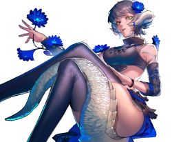 Rule 34 | 1girl, armlet, au ra, warrior of light (ff14), black shirt, blue flower, blue skirt, blue thighhighs, bracelet, crocodilian tail, crop top, crossed legs, detached sleeves, dragon horns, eboda-x, expressionless, feet out of frame, final fantasy, final fantasy xiv, flower, from side, grey hair, hair flower, hair ornament, hand on own thigh, highres, holding, holding flower, horn ornament, horn ring, horns, jewelry, knees up, looking at viewer, parted lips, red lips, reptile girl, scales, shirt, short hair, simple background, sitting, skirt, solo, tail, tail censor, thighhighs, turtleneck, white background, yellow eyes