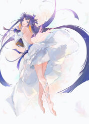 Rule 34 | 1girl, animal ears, backless outfit, barefoot, blunt bangs, book, corsage, dress, elbow gloves, fairy wings, feet, gloves, gradient hair, highres, hololive, hololive english, holomyth, legband, long hair, long legs, looking at viewer, looking back, midair, multicolored hair, necronomicon, ninomae ina&#039;nis, orange hair, purple hair, simple background, solo, tallgeese (lgeesel), tentacle hair, toes, virtual youtuber, white background, white dress, wings