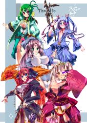 Rule 34 | 5girls, antenna hair, blonde hair, breasts, cowboy shot, dress, fantasy, floral print, green hair, halberd, holding, holding weapon, large breasts, long hair, long sleeves, looking at viewer, multiple girls, original, outstretched arm, polearm, purple eyes, red dress, red eyes, red hair, standing, very long hair, weapon, wide sleeves, yoshimoto (dear life)