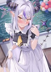 Rule 34 | 1girl, absurdres, apron, blush, braid, breasts, chalkboard, flying sweatdrops, frills, green tea (greente42869067), highres, hololive, horns, la+ darknesss, long hair, maid apron, multicolored hair, pointy ears, purple hair, solo, two-tone hair, very long hair, virtual youtuber, white hair, yellow eyes