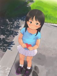 Rule 34 | 1girl, anyannko, bad id, bad pixiv id, blush, brown eyes, brown hair, child, from above, heart, highres, holding, long hair, looking at viewer, looking up, original, outdoors, shirt, shoes, skirt, smile, sneakers, socks, solo