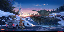 Rule 34 | 2girls, animal ears, black dress, braid, car, coat, dress, fantasy, gradient sky, grey hair, highres, kv-2, looking at viewer, looking back, maid, military, military vehicle, motor vehicle, multiple girls, original, outdoors, radar, russia, russian text, scenery, single braid, sion005, sky, snow, sports utility vehicle, sunlight, tail, tank, tower, trench coat, tundra, twilight