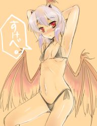 Rule 34 | 1girl, arms behind head, bikini, bird wings, black bikini, blue hair, blush, breasts, collarbone, covered erect nipples, embarrassed, expressionless, head wing, head wings, highleg, highleg bikini, highleg swimsuit, horns, looking at viewer, multicolored hair, navel, nose blush, red eyes, ribs, side-tie bikini bottom, simple background, small breasts, solo, speech bubble, swimsuit, text focus, tokiko (touhou), touhou, two-tone hair, wings, yamoto, yellow background