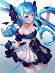 Rule 34 | 1girl, absurdres, blue eyes, blue hair, close-up, drill hair, gloves, gradient background, gwen (league of legends), highres, league of legends, long hair, looking to the side, matching hair/eyes, ribbon, scissors, solo, thighhighs, white thighhighs