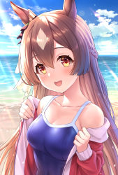 Rule 34 | 1girl, :d, backlighting, bare shoulders, blue one-piece swimsuit, blue sky, blush, braid, breasts, brown eyes, brown hair, cloud, cloudy sky, commentary request, competition school swimsuit, day, french braid, hair between eyes, half updo, hands up, highres, horizon, jacket, long hair, long sleeves, looking at viewer, medium breasts, multicolored hair, ocean, off shoulder, one-piece swimsuit, open clothes, open jacket, open mouth, outdoors, parted bangs, puffy long sleeves, puffy sleeves, red jacket, satono diamond (umamusume), school swimsuit, sky, sleeves past wrists, smile, solo, swimsuit, swimsuit under clothes, tomo (tmtm mf mf), two-tone hair, umamusume, upper body, very long hair, water