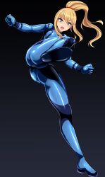 Rule 34 | 1girl, absurdres, artist request, ass, black background, blonde hair, blue eyes, blush, boots, breast covered, full body, gloves, gradient background, heels, highres, kicking, metroid, mole, mole under mouth, nintendo, open mouth, plugsuit, samus aran, shoe soles