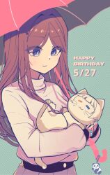 Rule 34 | 1girl, animal, animalization, bandaid, bandaid on hand, bang dream!, bang dream! it&#039;s mygo!!!!!, brown hair, cat, charm (object), chinese commentary, closed mouth, commentary request, dated, happy birthday, heterochromia, highres, holding, holding animal, holding cat, kaname raana, long hair, long sleeves, nagasaki soyo, pink nails, pink umbrella, smile, solo, striped background, sweater, umbrella, white cat, white sweater, zhong xiansheng
