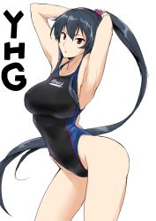 Rule 34 | 10s, 1girl, alternate costume, armpits, arms behind head, black hair, breasts, character name, competition swimsuit, female focus, hair between eyes, halcon, highleg, highleg swimsuit, highres, kantai collection, large breasts, long hair, one-piece swimsuit, ponytail, red eyes, simple background, solo, swimsuit, very long hair, white background, yahagi (kancolle)