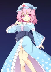 Rule 34 | 1girl, black background, blue hat, blue kimono, breasts, cherry blossom print, closed mouth, commentary request, floral print, hat, hekkmushi, highres, japanese clothes, kimono, large breasts, long sleeves, looking at viewer, medium hair, mob cap, pink eyes, pink hair, saigyouji yuyuko, sash, simple background, solo, touhou, triangular headpiece