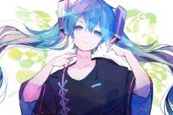 Rule 34 | 1girl, black shirt, blue eyes, blue hair, commentary, cross-laced clothes, expressionless, hair ornament, hand on own neck, hands up, hatsune miku, head tilt, long hair, looking at viewer, nail polish, neck tattoo, shirt, solo, tattoo, twintails, upper body, very long hair, vocaloid, wanaxtuco, wide sleeves