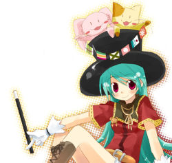 Rule 34 | 1girl, aqua hair, belt, blush, buckle, dress, fugetsu aoi, gloves, hat, holding, long hair, looking at viewer, original, outstretched arm, red dress, red eyes, ribbon, simple background, smile, solo, stick, top hat, very long hair, white background, white gloves, yellow ribbon